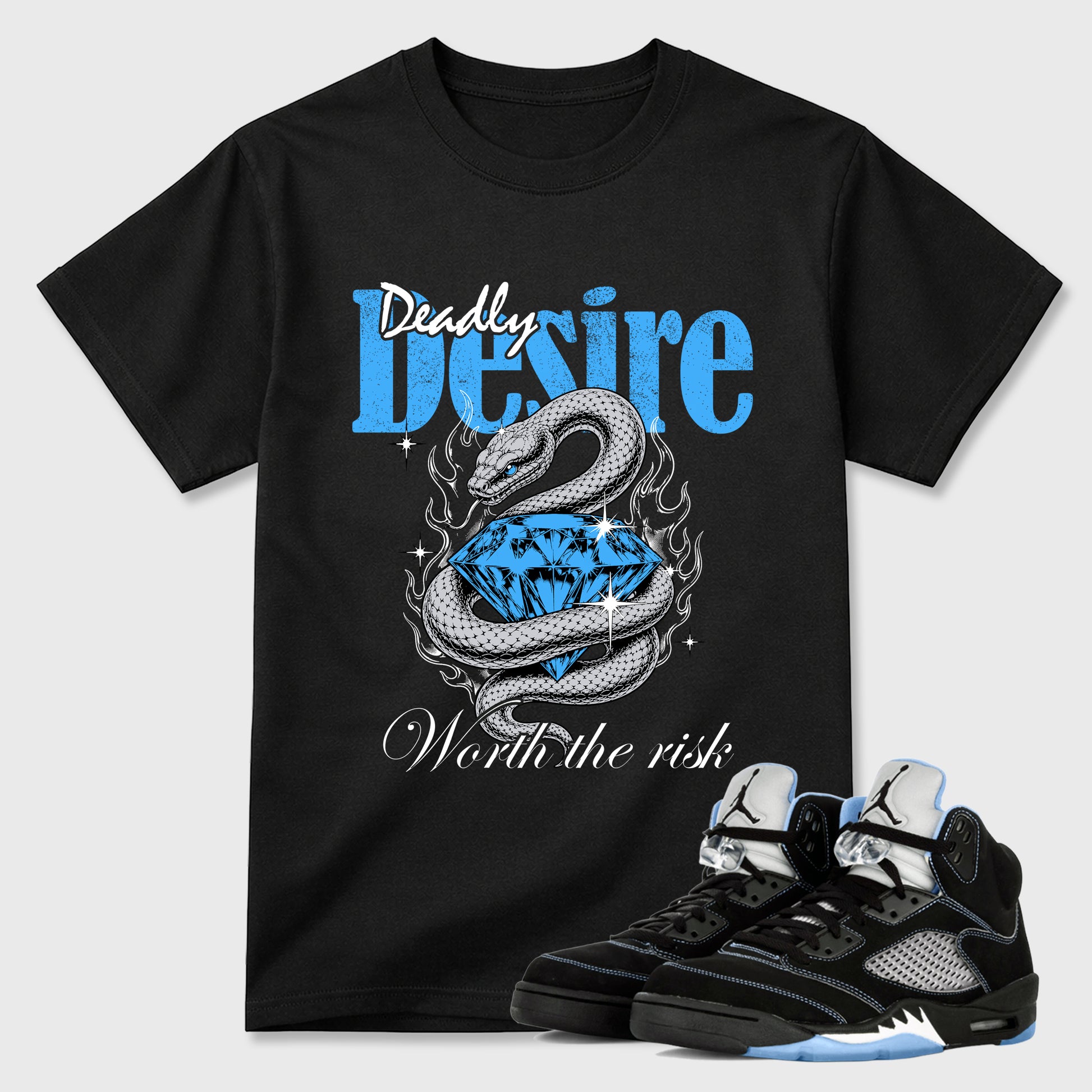 Deadly Desire Graphic T-Shirt sneaker match tee designed for the Air Jordan 5 Black University Blue, featuring coordinated color options for a perfect streetwear match. Black 1 shirt.