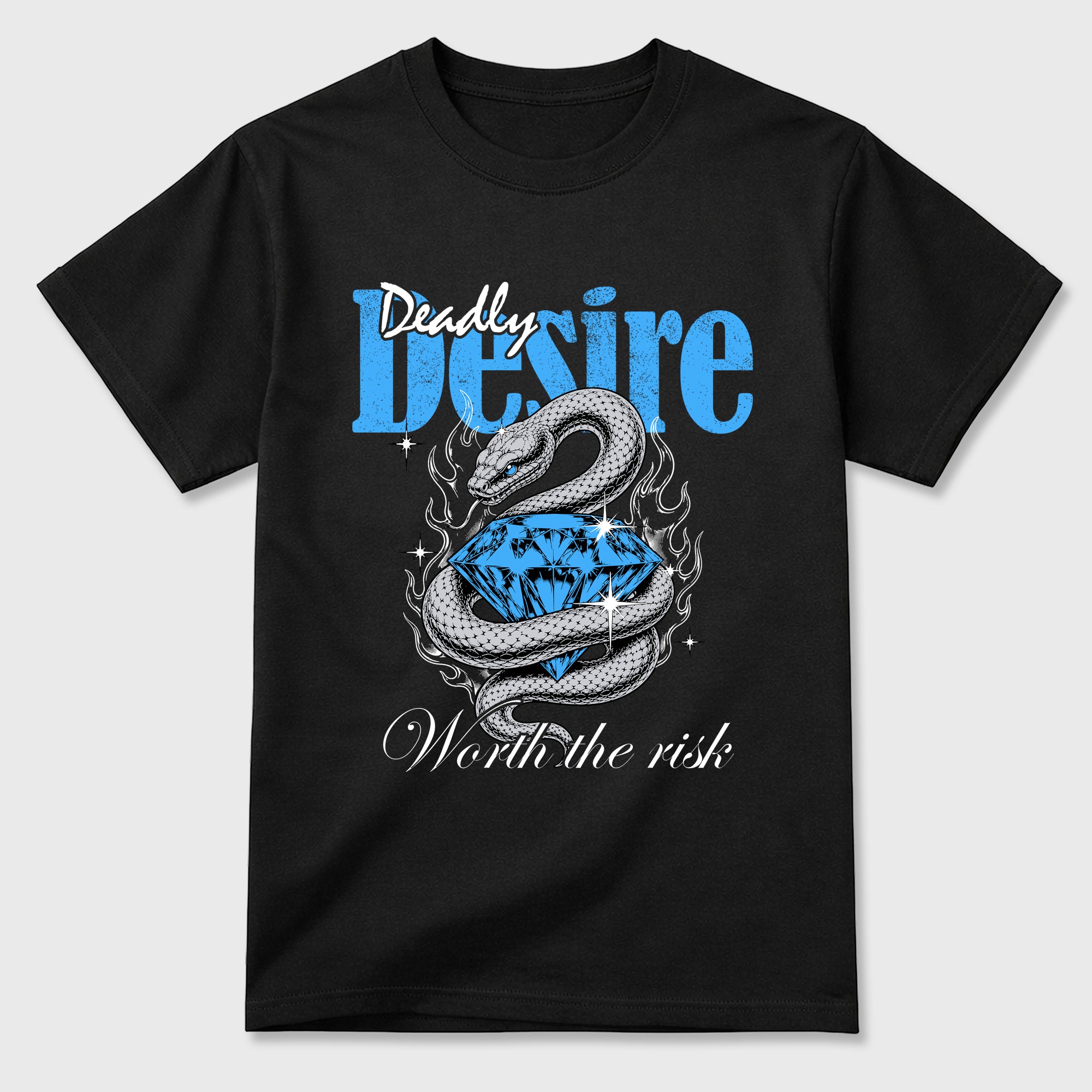 Deadly Desire Graphic T-Shirt sneaker match tee designed for the Air Jordan 5 Black Carolina, featuring coordinated color options for a perfect streetwear match. Black 2 shirt.