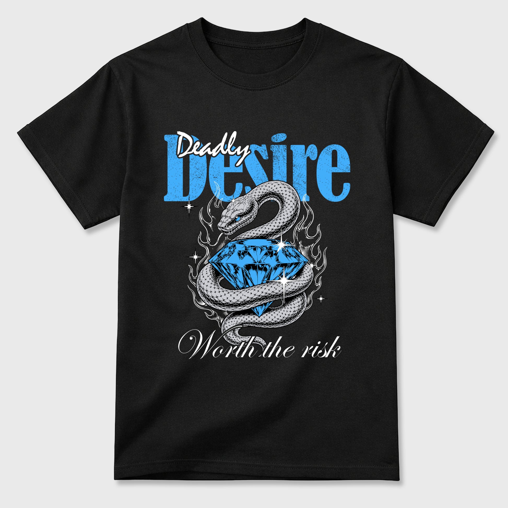 Deadly Desire Graphic T-Shirt sneaker match tee designed for the Air Jordan 5 Black University Blue, featuring coordinated color options for a perfect streetwear match. Black 2 shirt.