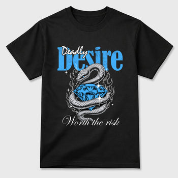Deadly Desire Graphic T-Shirt sneaker match tee designed for the Air Jordan 5 Black University Blue, featuring coordinated color options for a perfect streetwear match. Black 2 shirt.