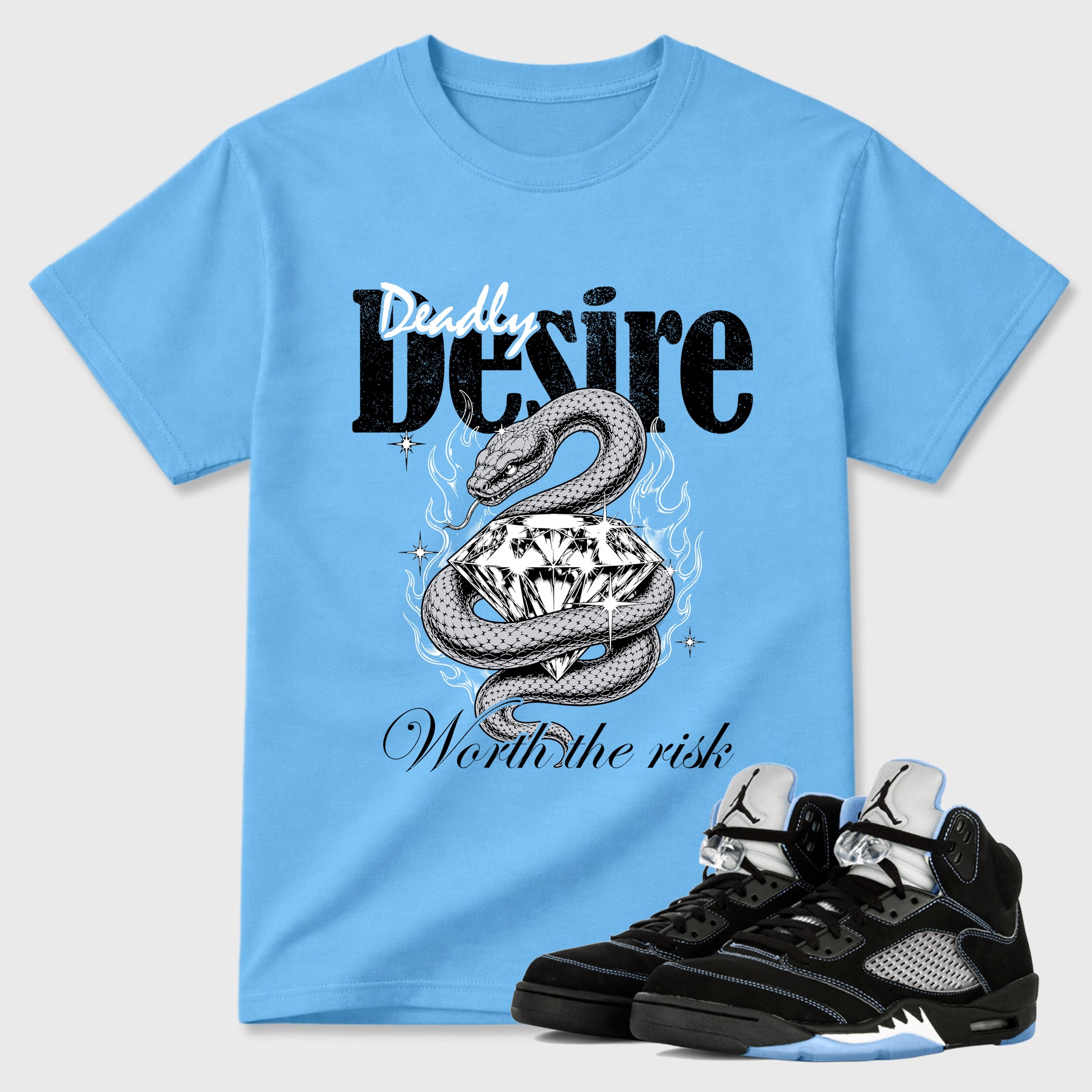 Deadly Desire Graphic T-Shirt sneaker match tee designed for the Air Jordan 5 Black University Blue, featuring coordinated color options for a perfect streetwear match. Carolina Blue 1 shirt.