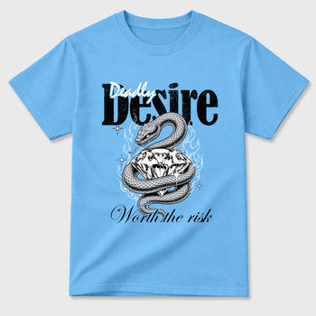Deadly Desire Graphic T-Shirt sneaker match tee designed for the Air Jordan 5 Black University Blue, featuring coordinated color options for a perfect streetwear match. Carolina Blue 2 shirt.