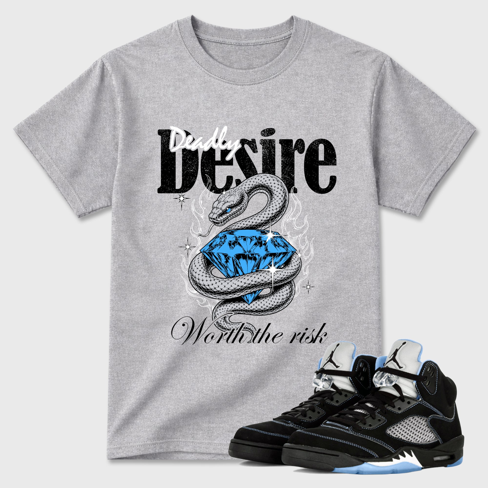 Deadly Desire Graphic T-Shirt sneaker match tee designed for the Air Jordan 5 Black Carolina, featuring coordinated color options for a perfect streetwear match. Heather Grey 1 shirt.