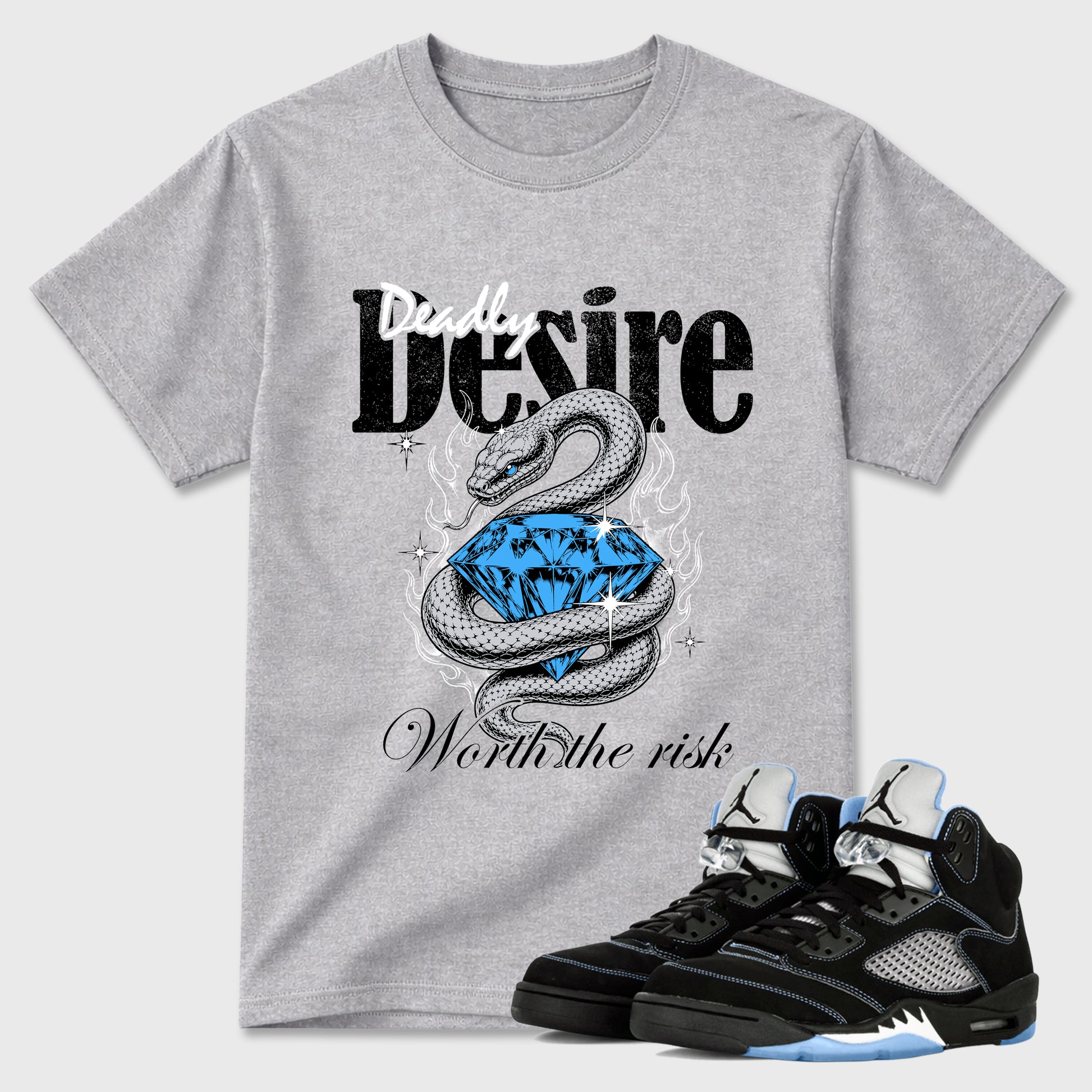 Deadly Desire Graphic T-Shirt sneaker match tee designed for the Air Jordan 5 Black University Blue, featuring coordinated color options for a perfect streetwear match. Heather Grey 1 shirt.