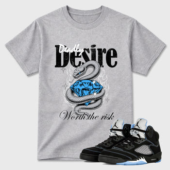 Deadly Desire Graphic T-Shirt sneaker match tee designed for the Air Jordan 5 Black University Blue, featuring coordinated color options for a perfect streetwear match. Heather Grey 1 shirt.