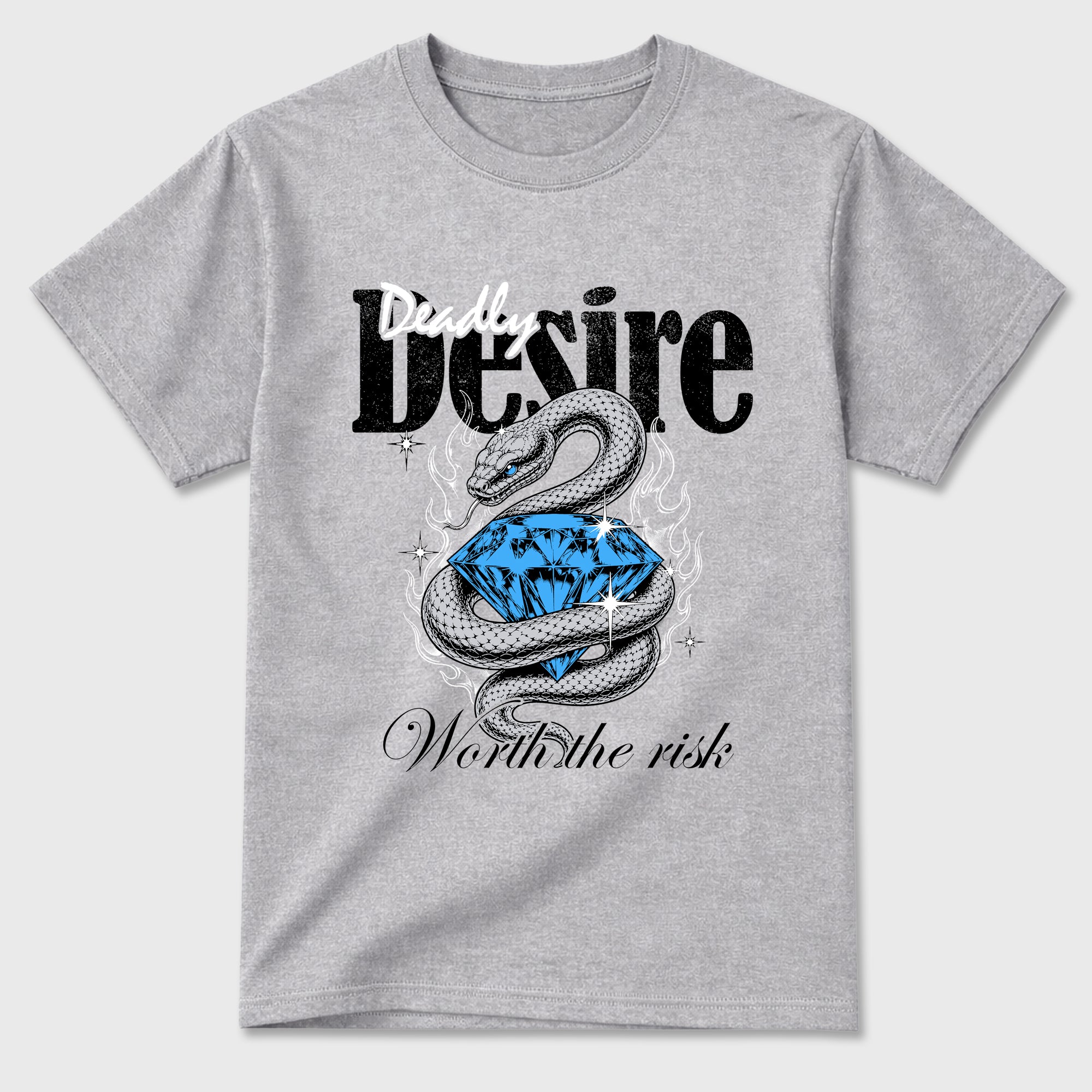 Deadly Desire Graphic T-Shirt sneaker match tee designed for the Air Jordan 5 Black Carolina, featuring coordinated color options for a perfect streetwear match. Heather Grey 2 shirt.