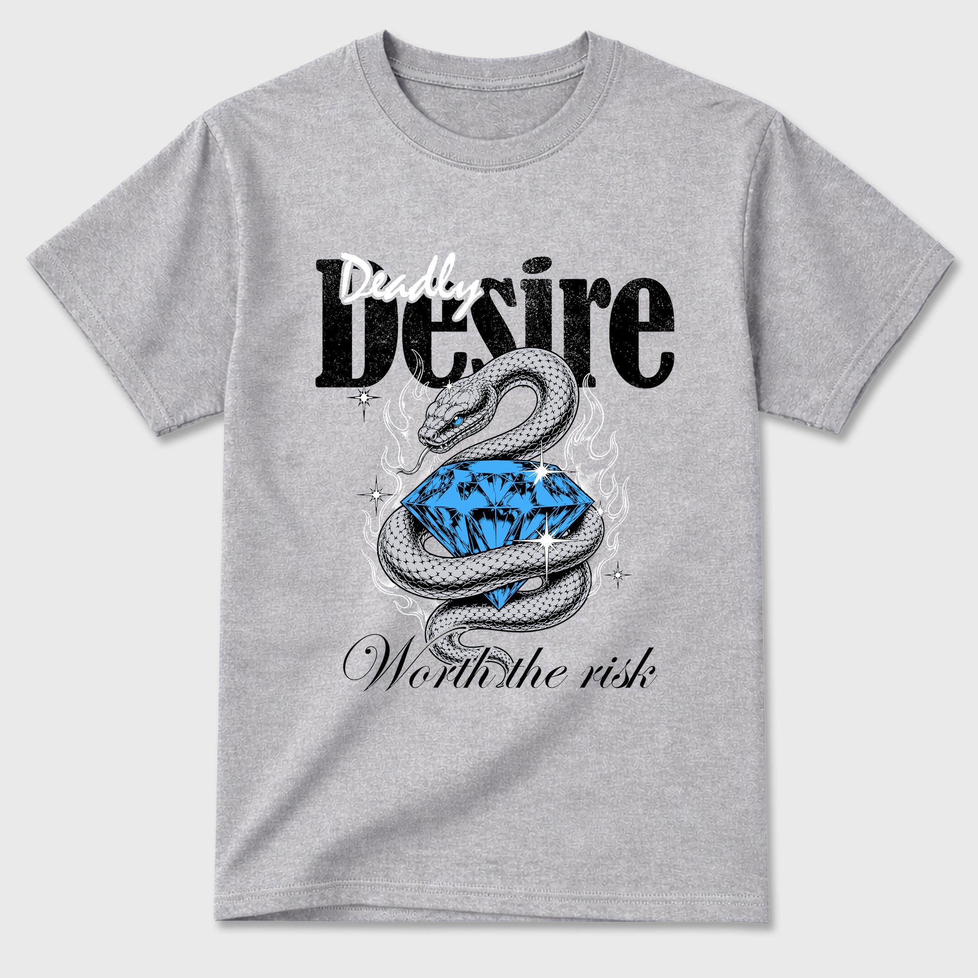 Deadly Desire Graphic T-Shirt sneaker match tee designed for the Air Jordan 5 Black University Blue, featuring coordinated color options for a perfect streetwear match. Heather Grey 2 shirt.