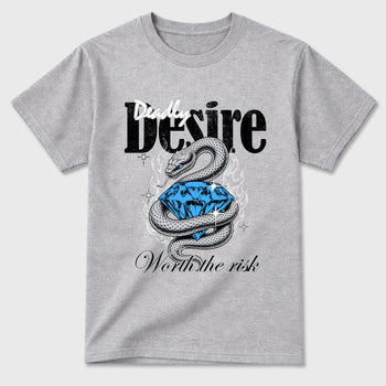 Deadly Desire Graphic T-Shirt sneaker match tee designed for the Air Jordan 5 Black University Blue, featuring coordinated color options for a perfect streetwear match. Heather Grey 2 shirt.