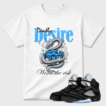 Deadly Desire Graphic T-Shirt sneaker match tee designed for the Air Jordan 5 Black University Blue, featuring coordinated color options for a perfect streetwear match. White 1 shirt.