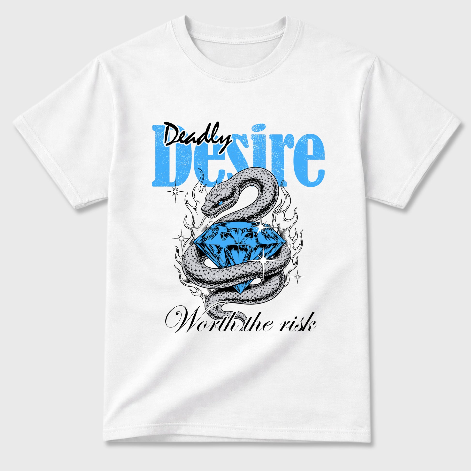 Deadly Desire Graphic T-Shirt sneaker match tee designed for the Air Jordan 5 Black University Blue, featuring coordinated color options for a perfect streetwear match. White 2 shirt.