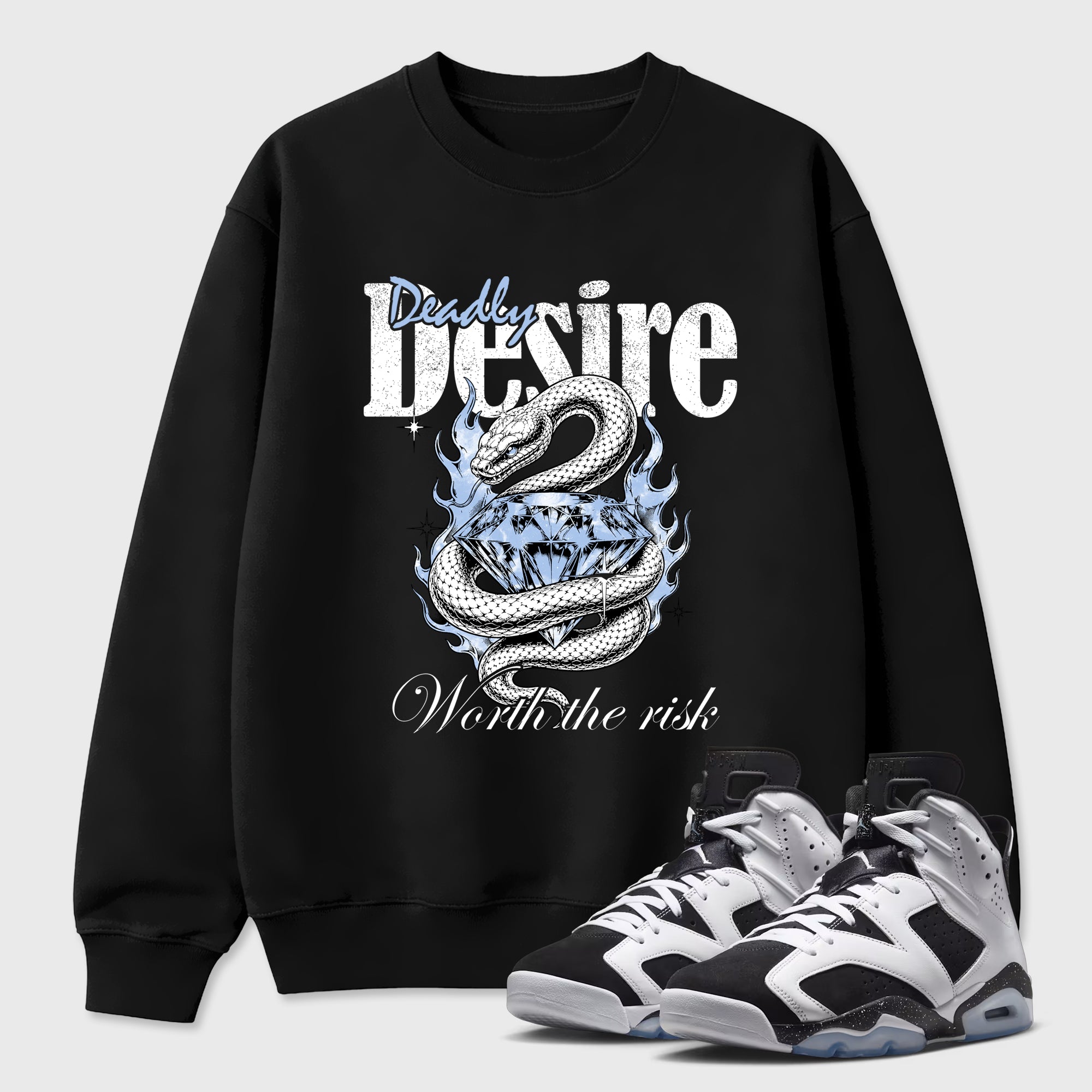 Deadly Desire Graphic T-Shirt featuring original streetwear artwork designed to match the Air Jordan 6 Black and White. Black 1 Graphic Tee.