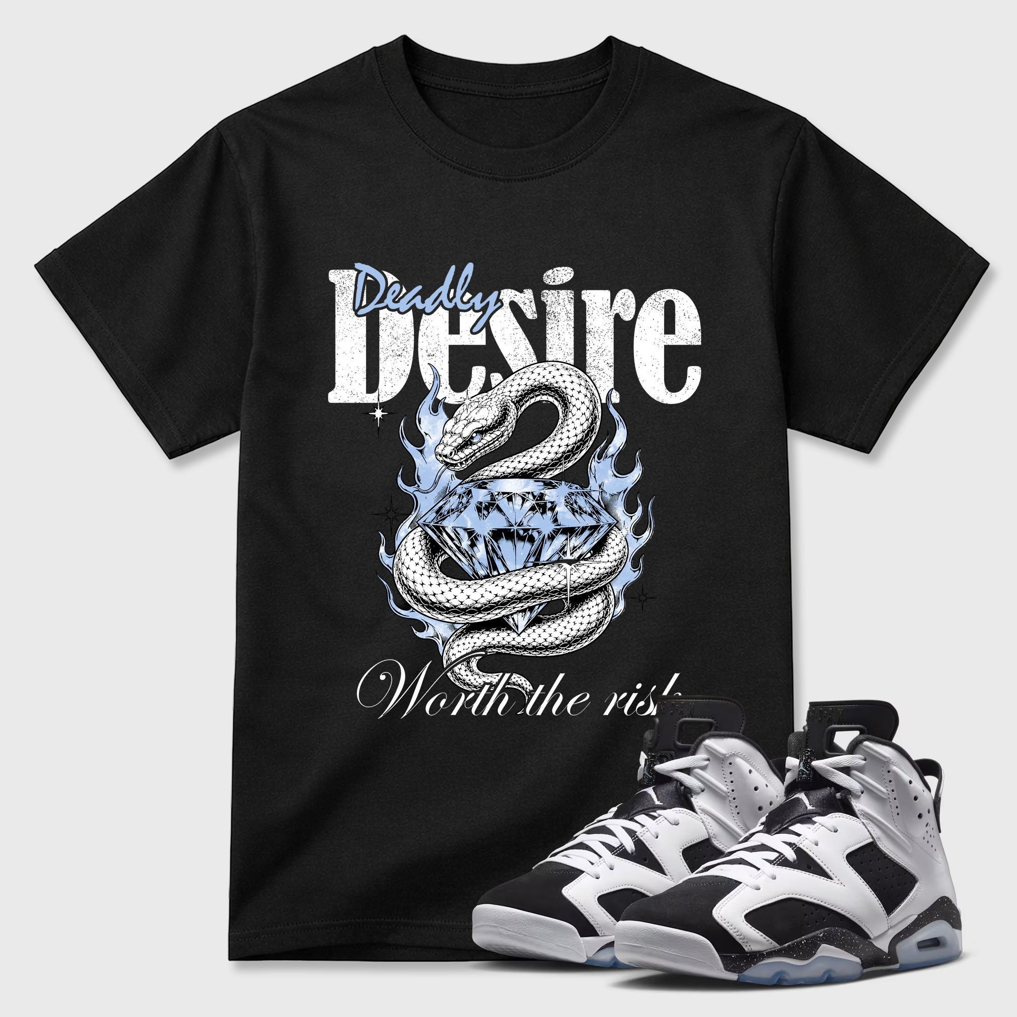 Deadly Desire Graphic T-Shirt featuring original streetwear artwork designed to match the Air Jordan 6 Black and White. Black 1 Graphic T-Shirt.
