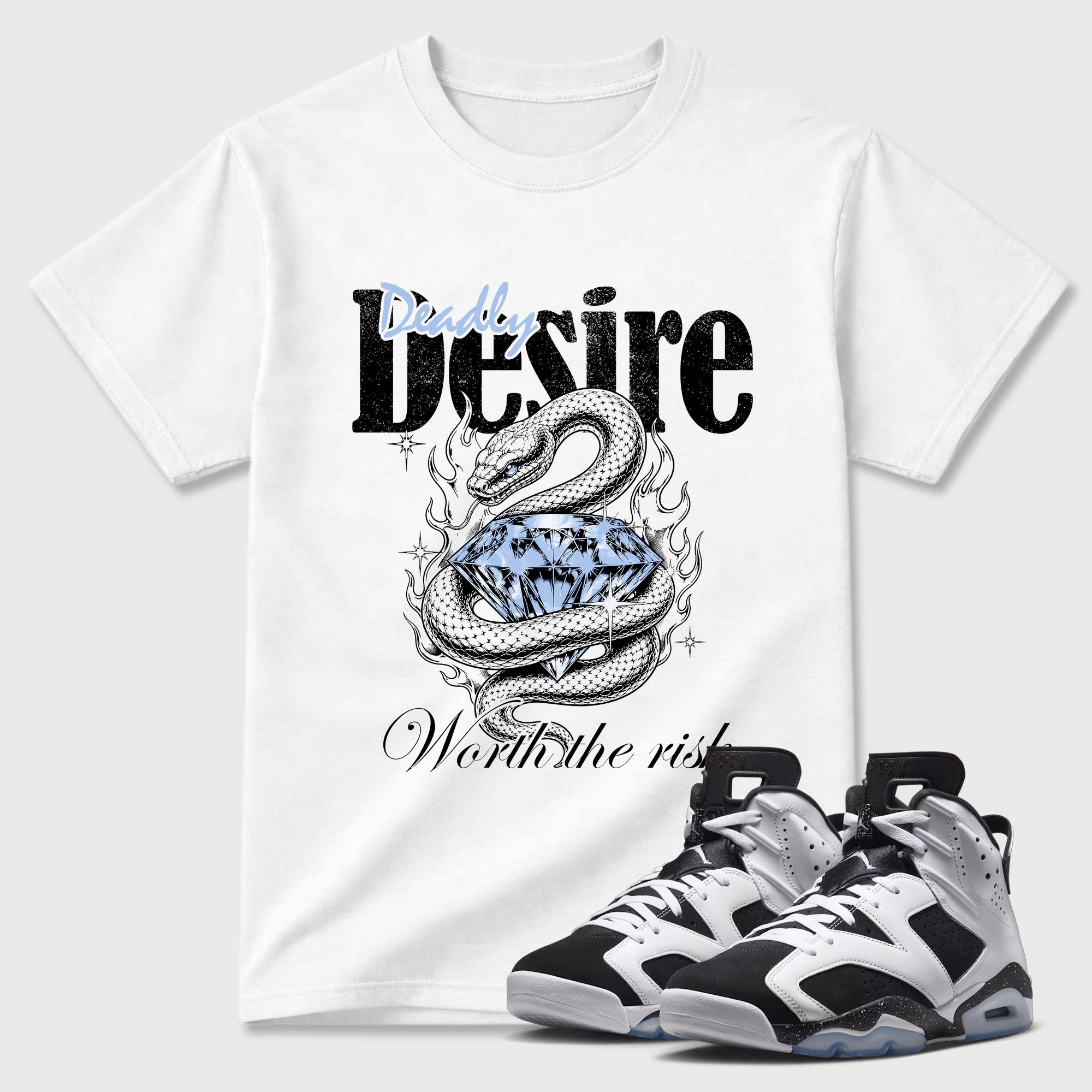 Deadly Desire Graphic T-Shirt featuring original streetwear artwork designed to match the Air Jordan 6 Black and White. White 1 Graphic T-Shirt.