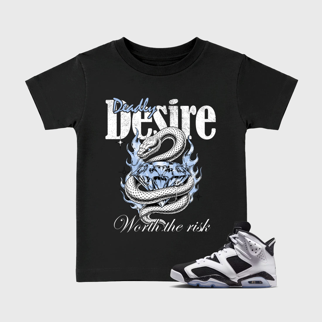 Deadly Desire Baby & Kids Graphic T-Shirt featuring original artwork designed to match the Air Jordan 6 Black and White. Black 1 Kids Graphic Tee.