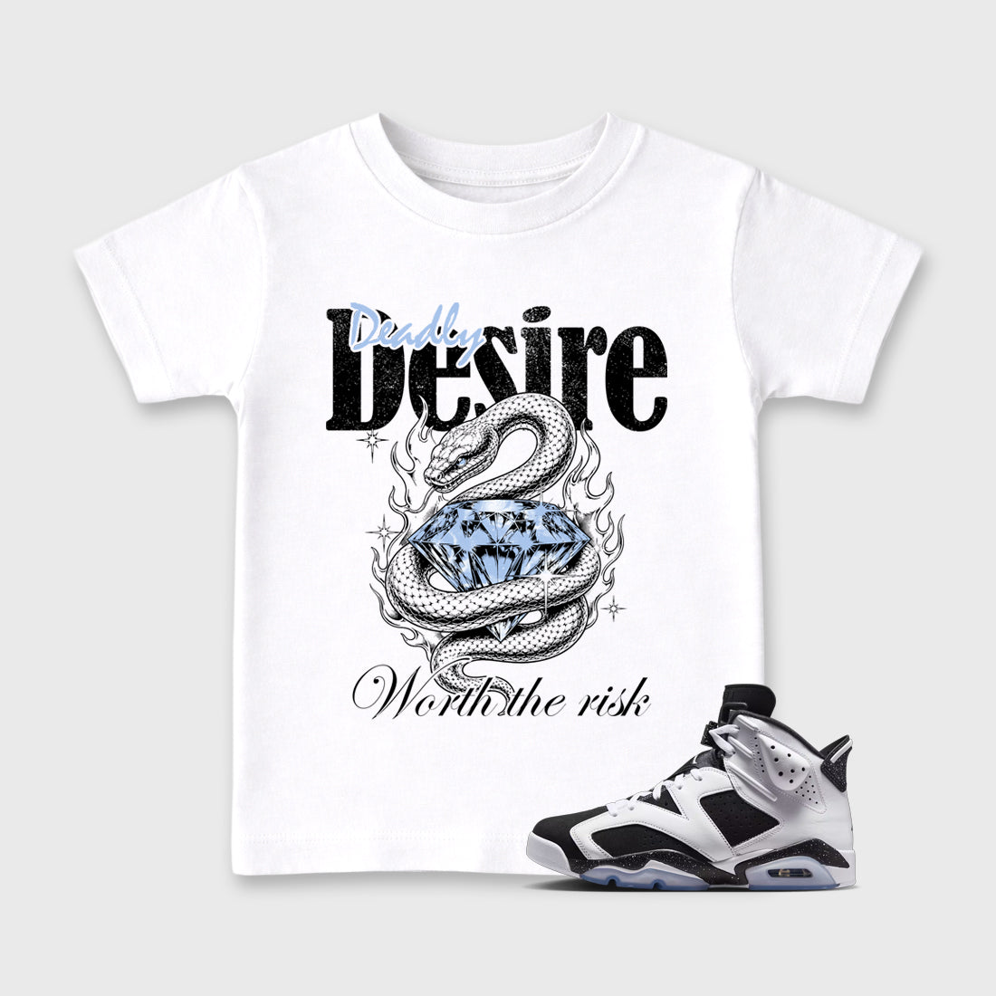 Deadly Desire Baby & Kids Graphic T-Shirt featuring original artwork designed to match the Air Jordan 6 Black and White. White 1 Kids Graphic Tee.