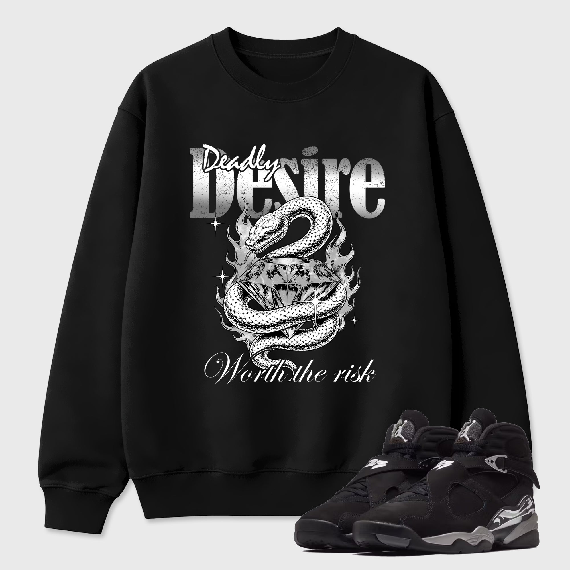 Deadly Desire Graphic T-Shirt featuring original streetwear artwork designed to match the Air Jordan 8 Chrome. Black 1 Graphic Tee.
