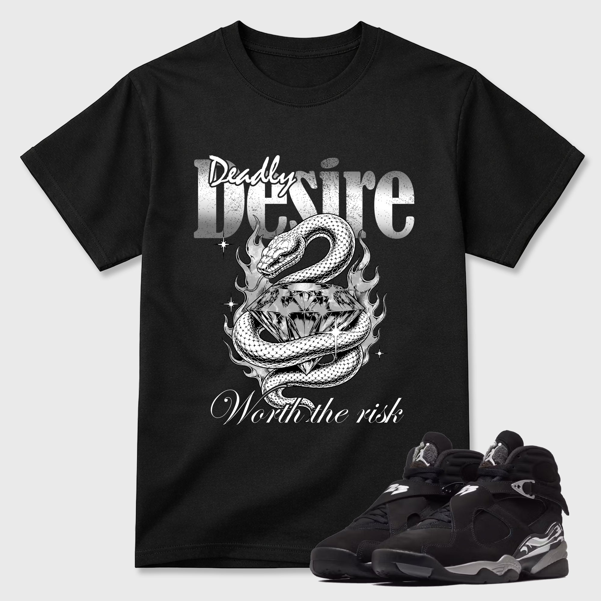Deadly Desire Graphic T-Shirt featuring original streetwear artwork designed to match the Air Jordan 8 Chrome. Black 1 Graphic T-Shirt.
