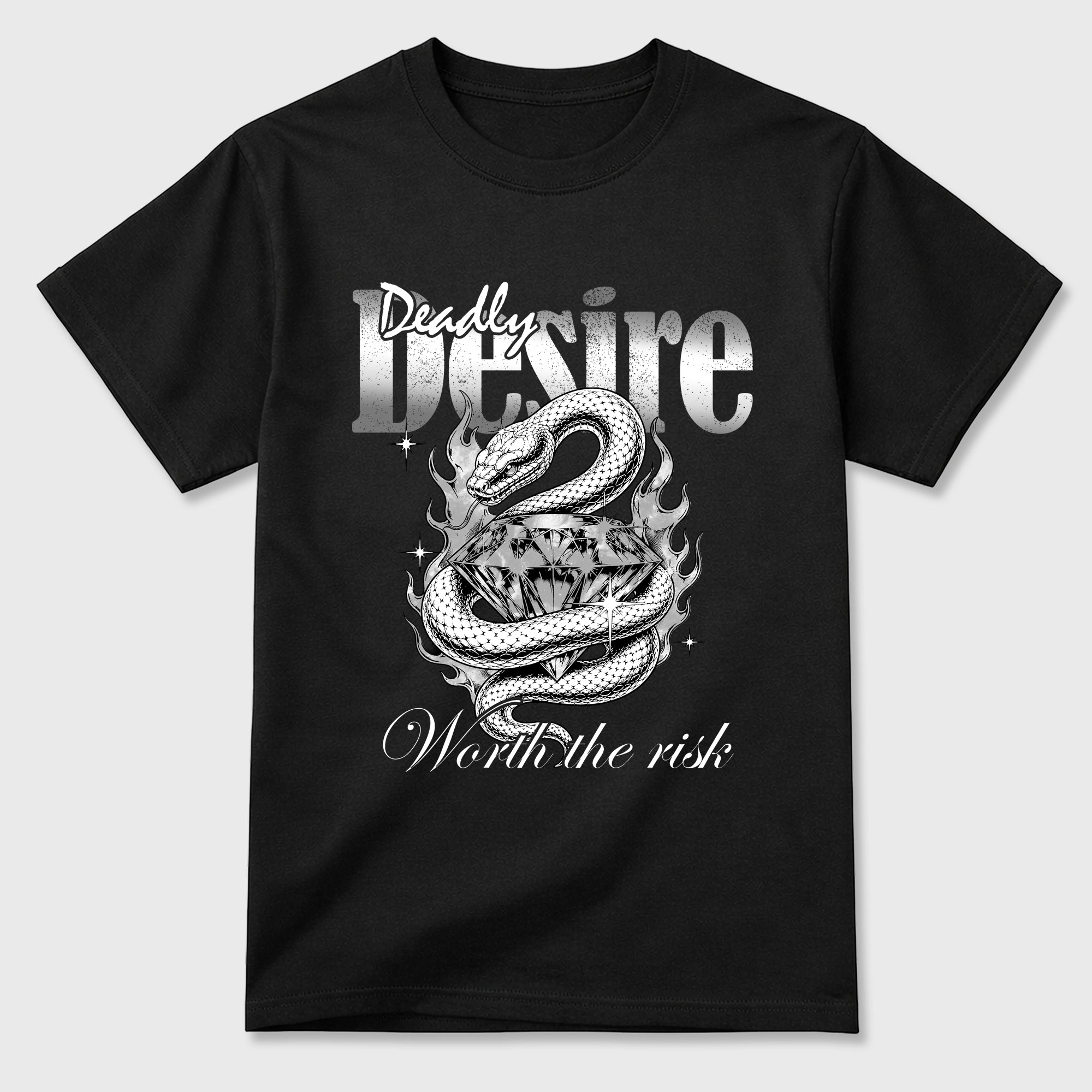 Deadly Desire Graphic T-Shirt featuring original streetwear artwork designed to match the Air Jordan 8 Chrome. Black 2 Graphic T-Shirt.