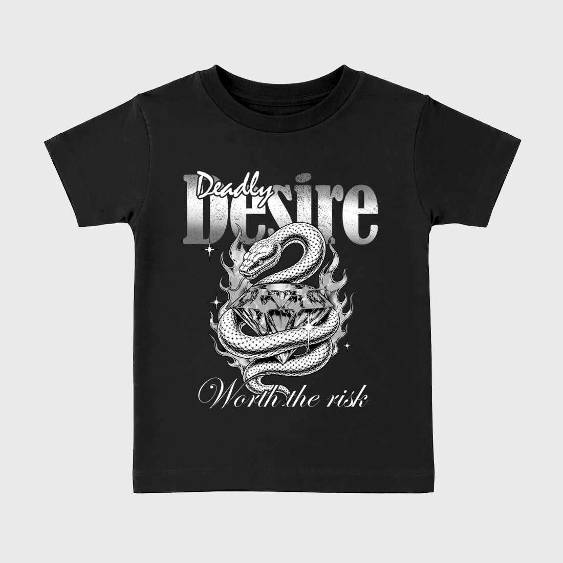 Deadly Desire Baby & Kids Graphic T-Shirt featuring original artwork designed to match the Air Jordan 8 Chrome. Black 2 Kids Graphic Tee.