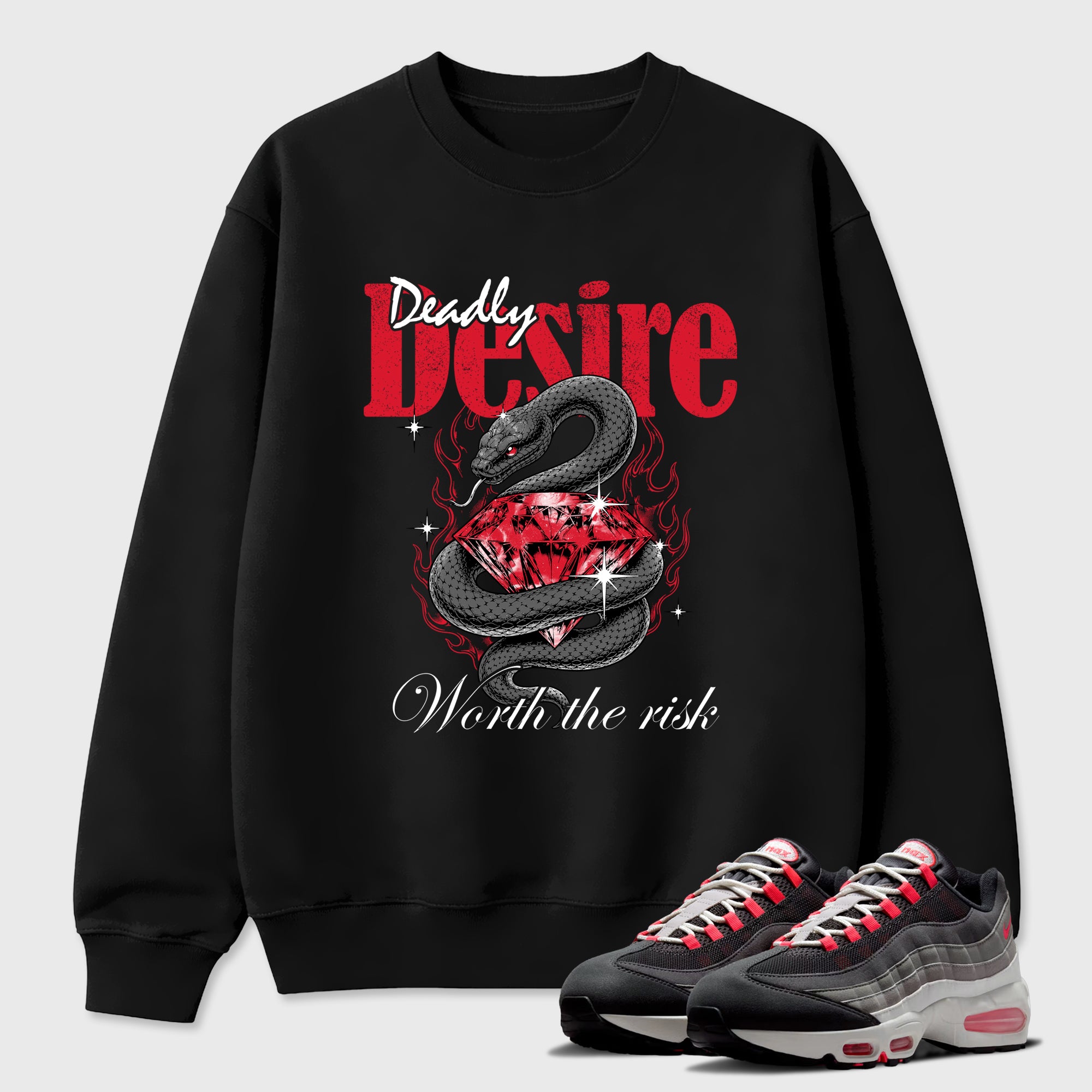 Deadly Desire Graphic T-Shirt featuring original streetwear artwork designed to match the Air Max 95 Reverse Solar Red. Black 1 Graphic Tee.