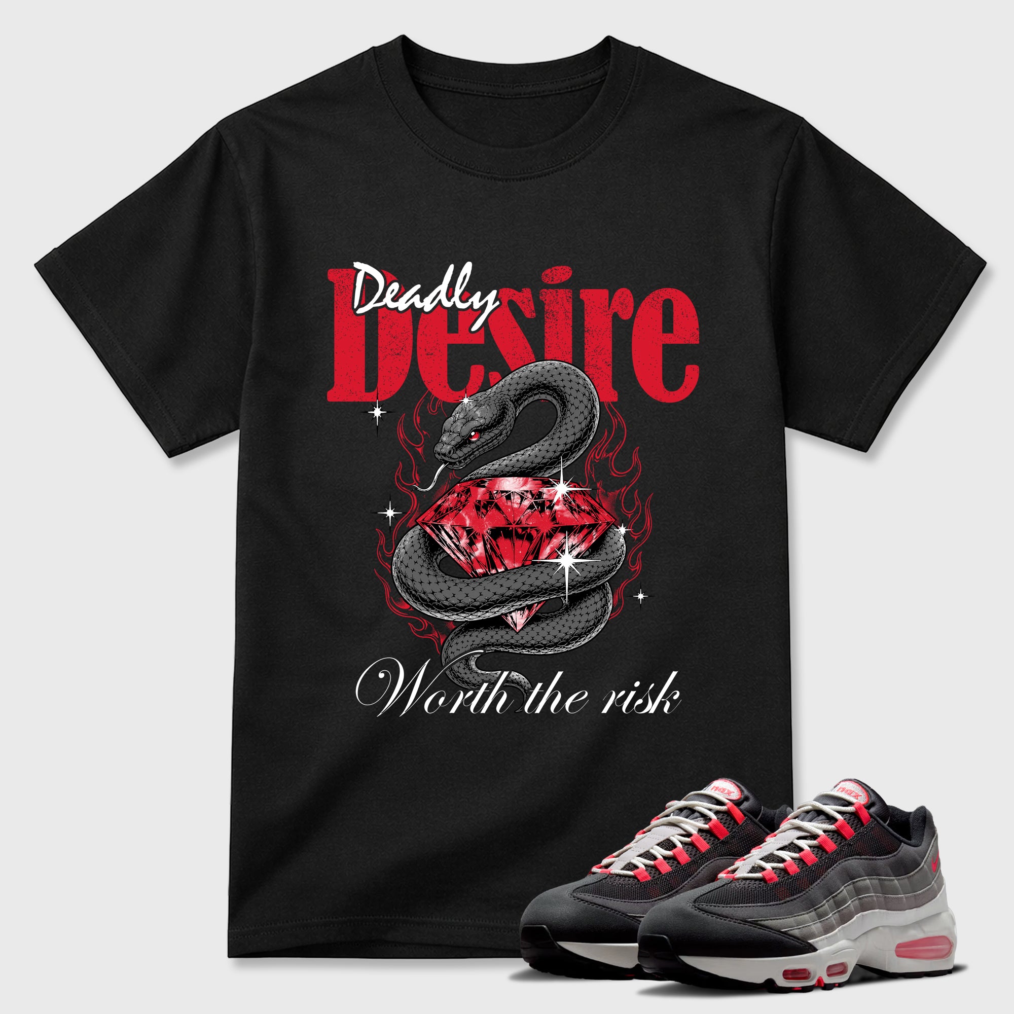 Deadly Desire Graphic T-Shirt featuring original streetwear artwork designed to match the Air Max 95 Reverse Solar Red. Black 1 Graphic T-Shirt.