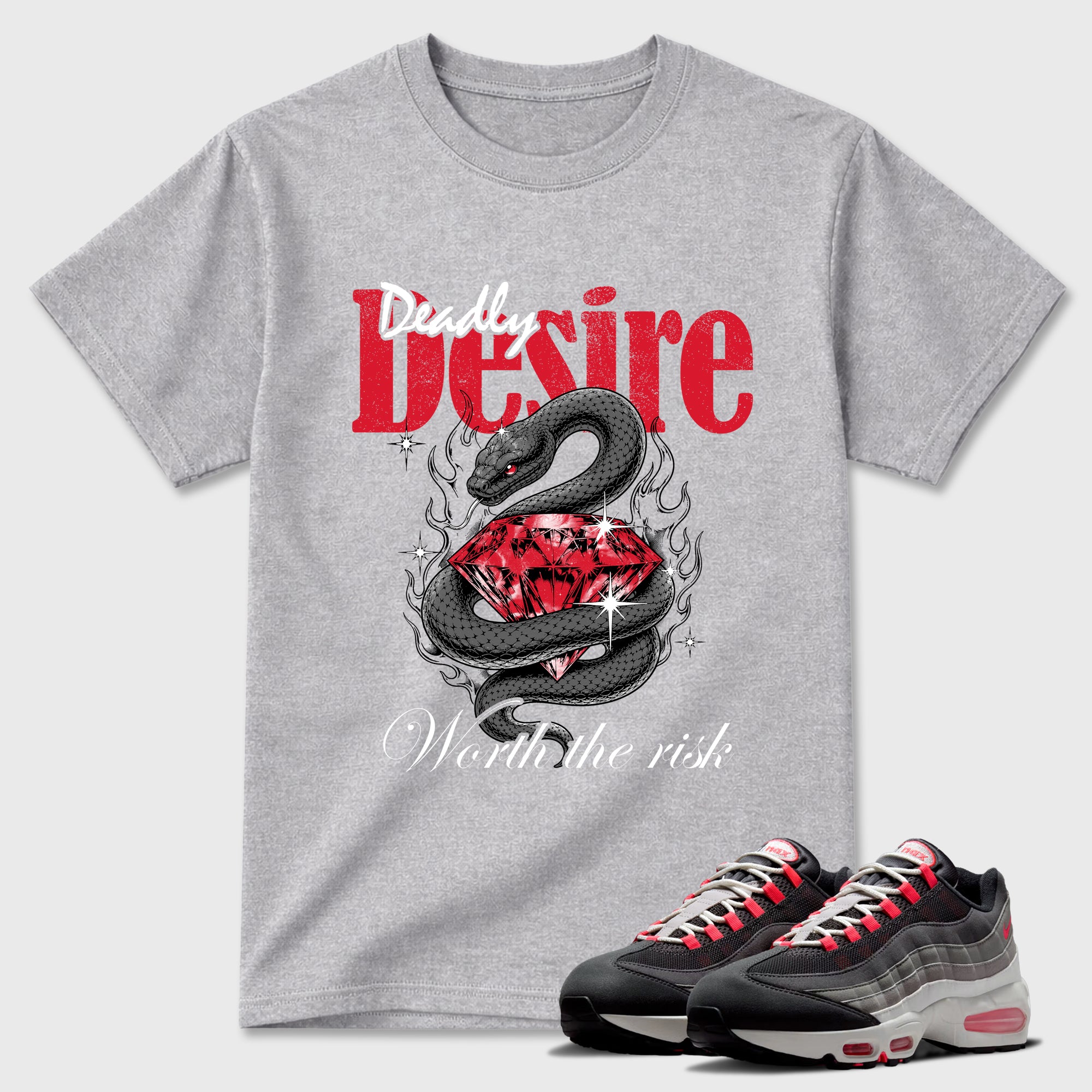 Deadly Desire Graphic T-Shirt featuring original streetwear artwork designed to match the Air Max 95 Reverse Solar Red. Heather Grey 1 Graphic T-Shirt.