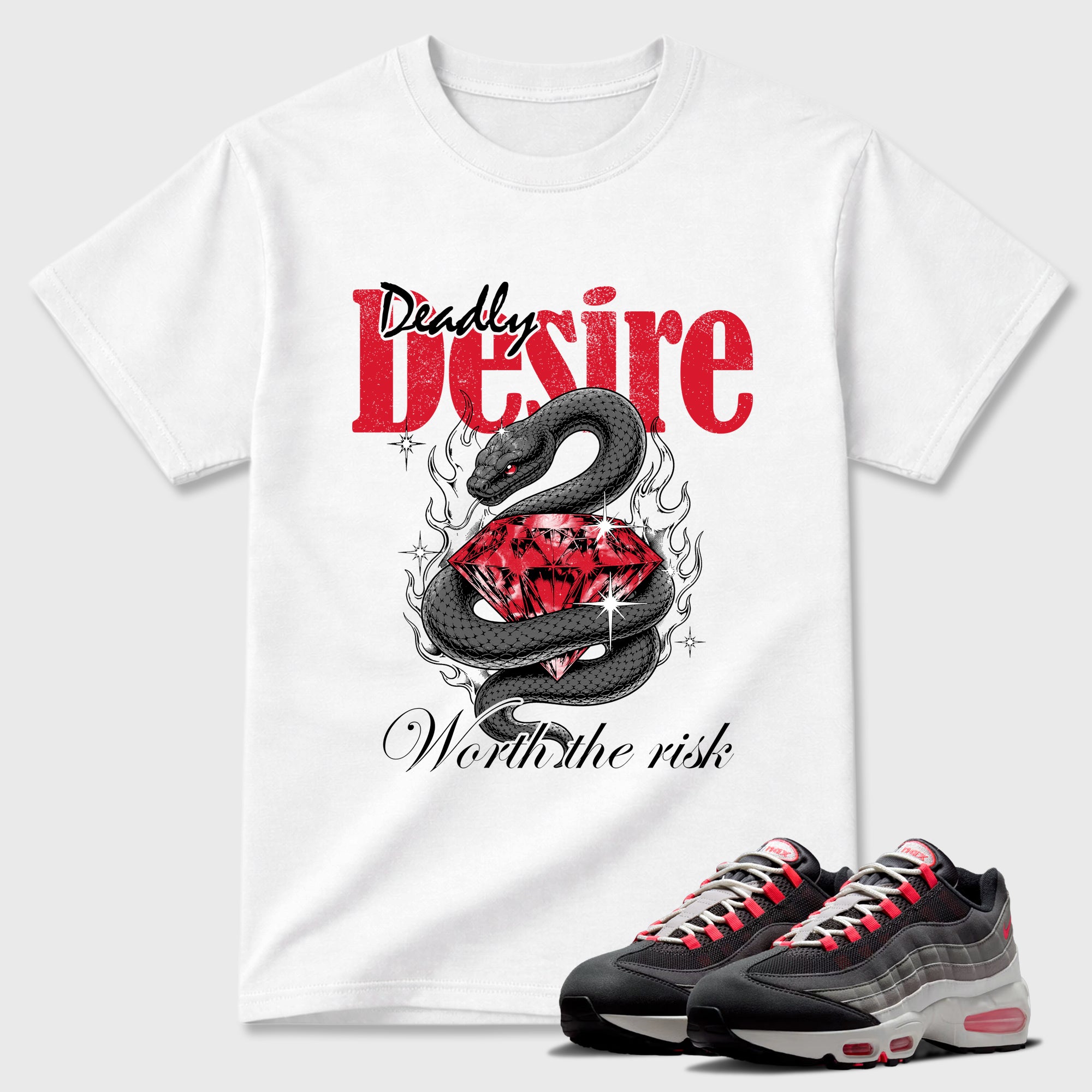 Deadly Desire Graphic T-Shirt featuring original streetwear artwork designed to match the Air Max 95 Reverse Solar Red. White 1 Graphic T-Shirt.