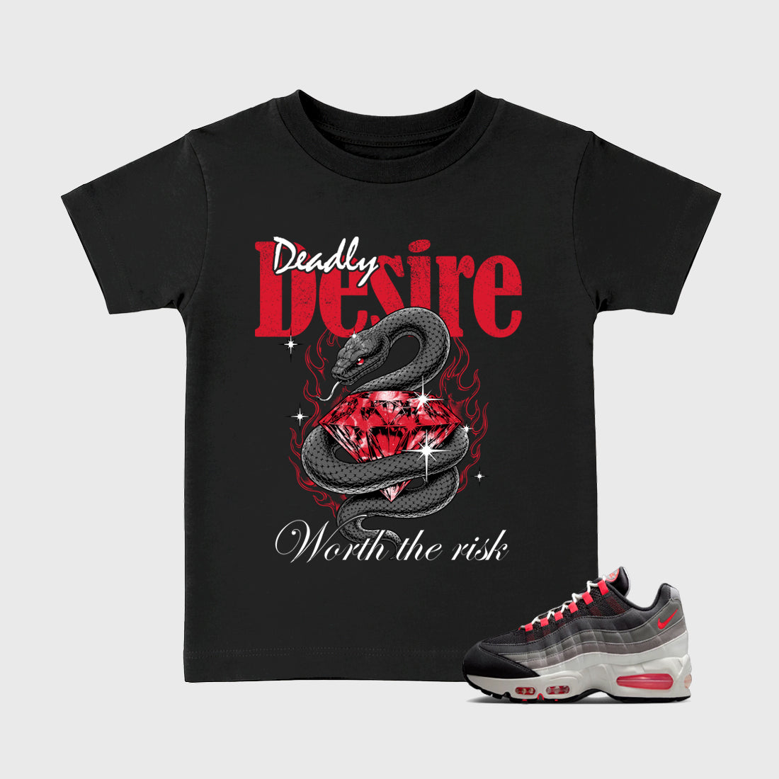 Deadly Desire Baby & Kids Graphic T-Shirt featuring original artwork designed to match the Air Max 95 Reverse Solar Red. Black 1 Kids Graphic Tee.