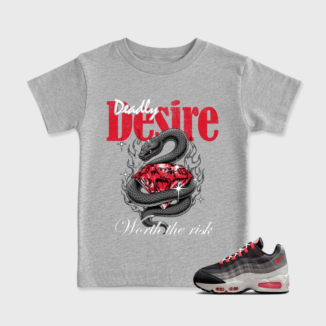 Deadly Desire Baby & Kids Graphic T-Shirt featuring original artwork designed to match the Air Max 95 Reverse Solar Red. Heather Grey 1 Kids Graphic Tee.