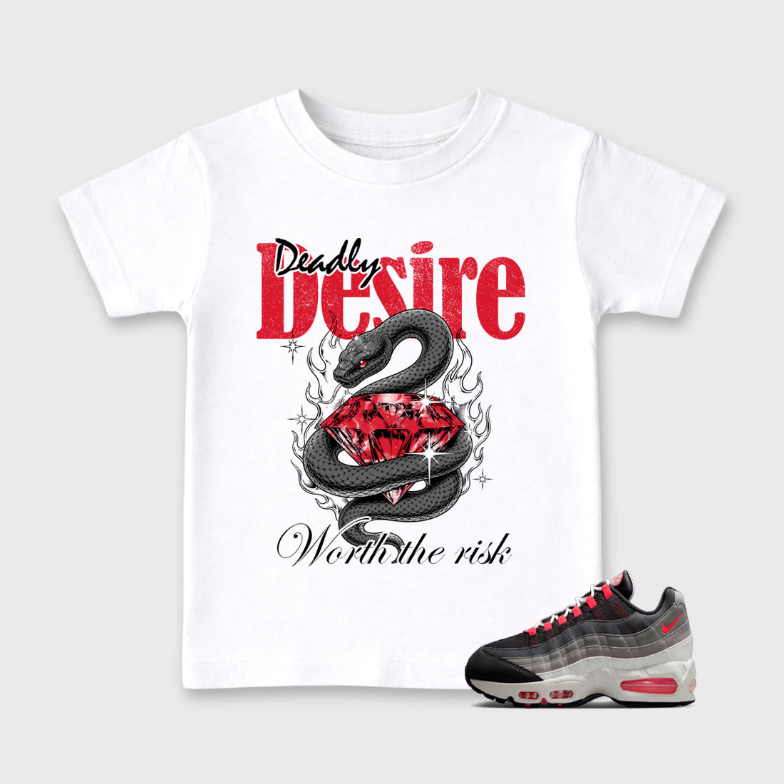 Deadly Desire Baby & Kids Graphic T-Shirt featuring original artwork designed to match the Air Max 95 Reverse Solar Red. White 1 Kids Graphic Tee.
