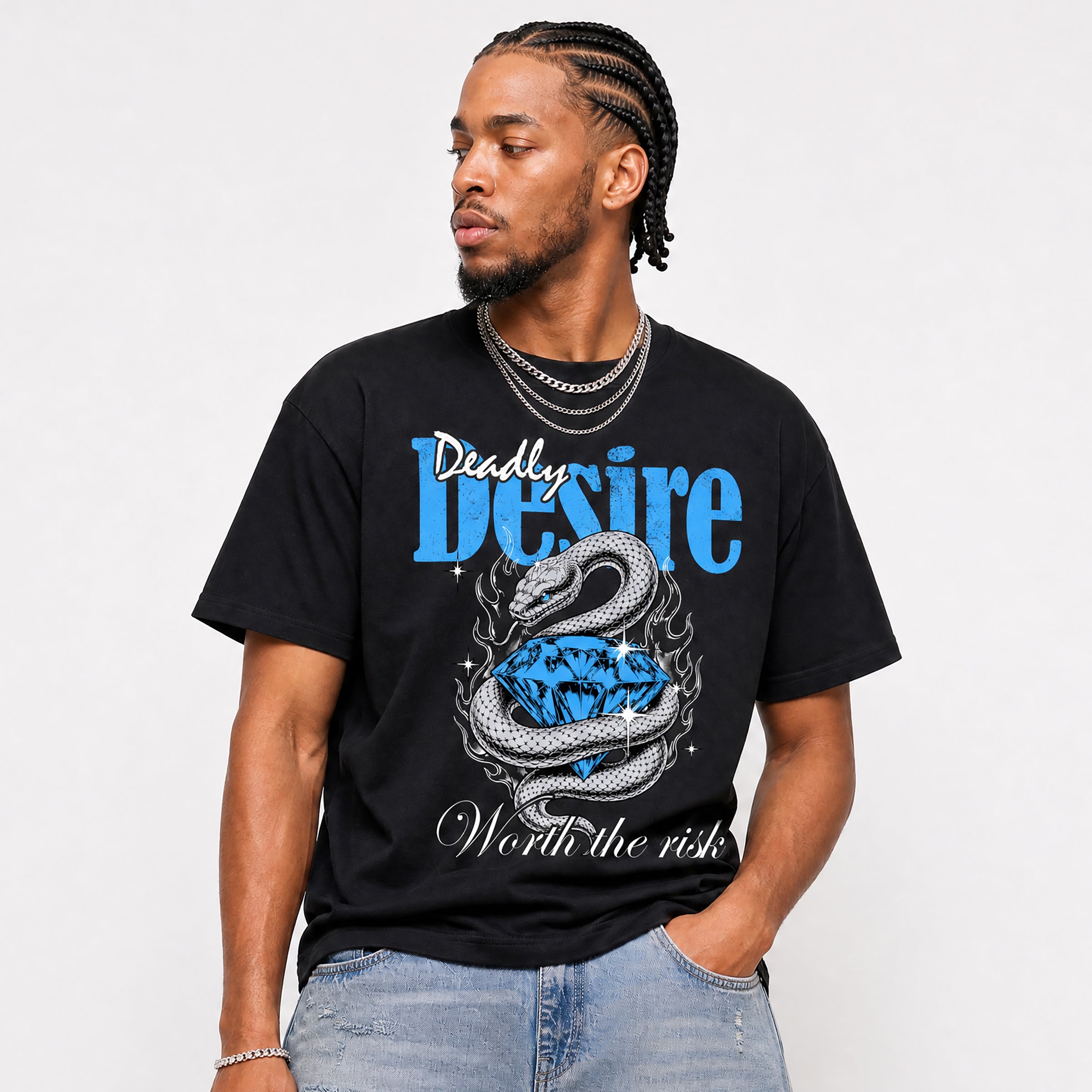 Man wearing a black t-shirt with 'Deadly Desire' design on a white background