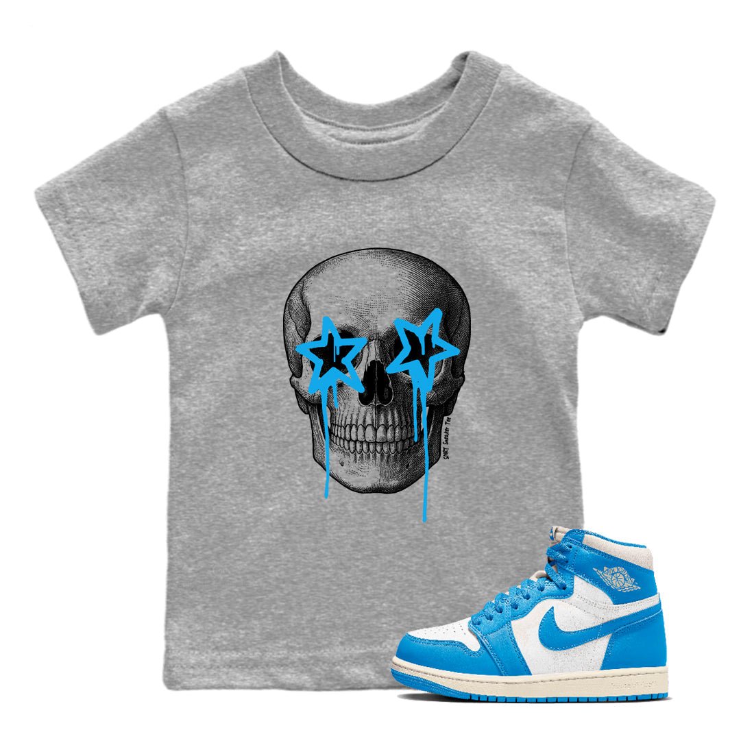 AJ1 UNC Reimagined shirts to match jordans Death Star sneaker match tees Air Jordan 1 UNC Reimagined shirts to match Jordan 1s SNRT Sneaker Tees Youth Baby Heather Grey 1 tee