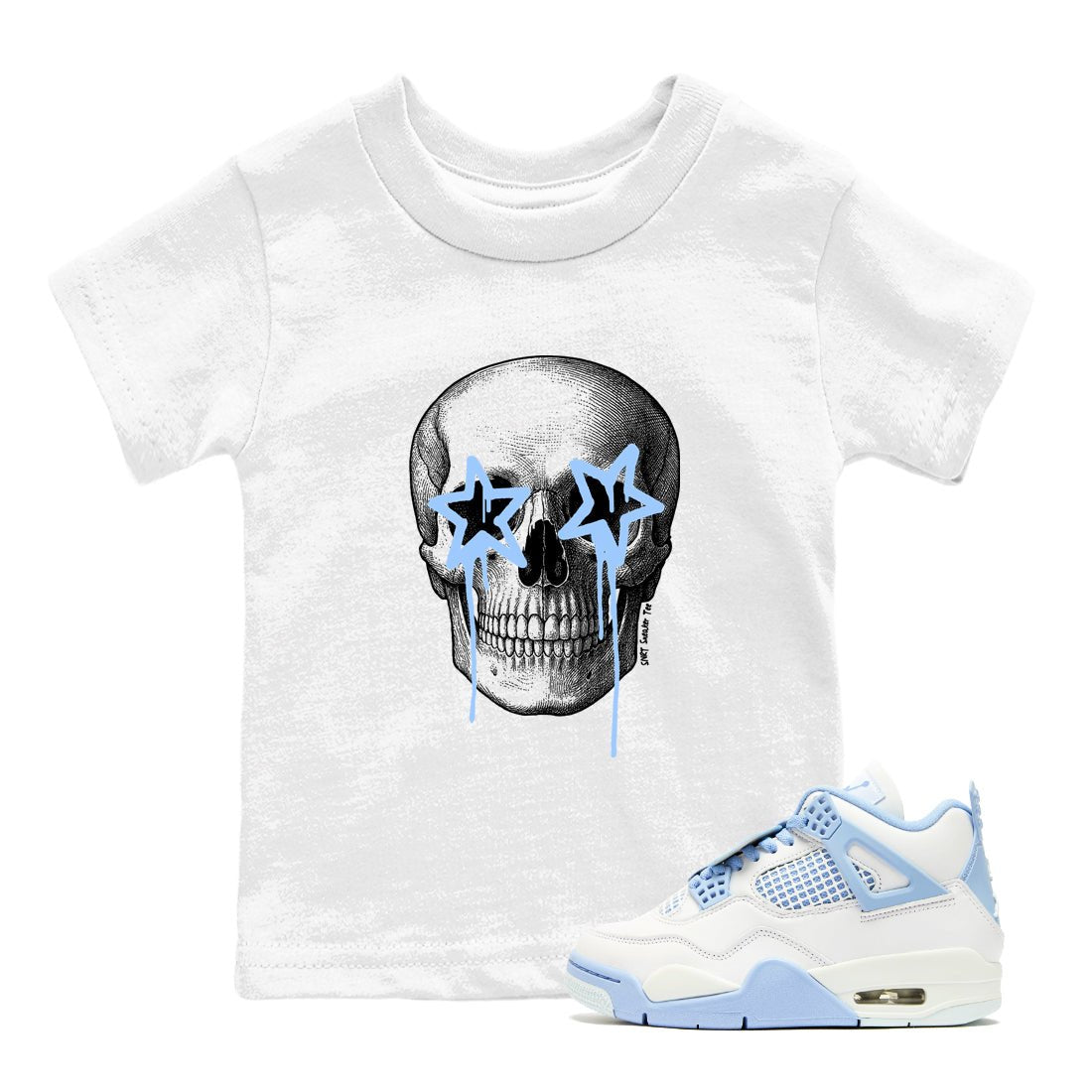 Death Star baby and kids t-shirt crafted for little sneakerheads to shine with the Air Jordan 4 Aluminum sneakers, displayed in White 1.