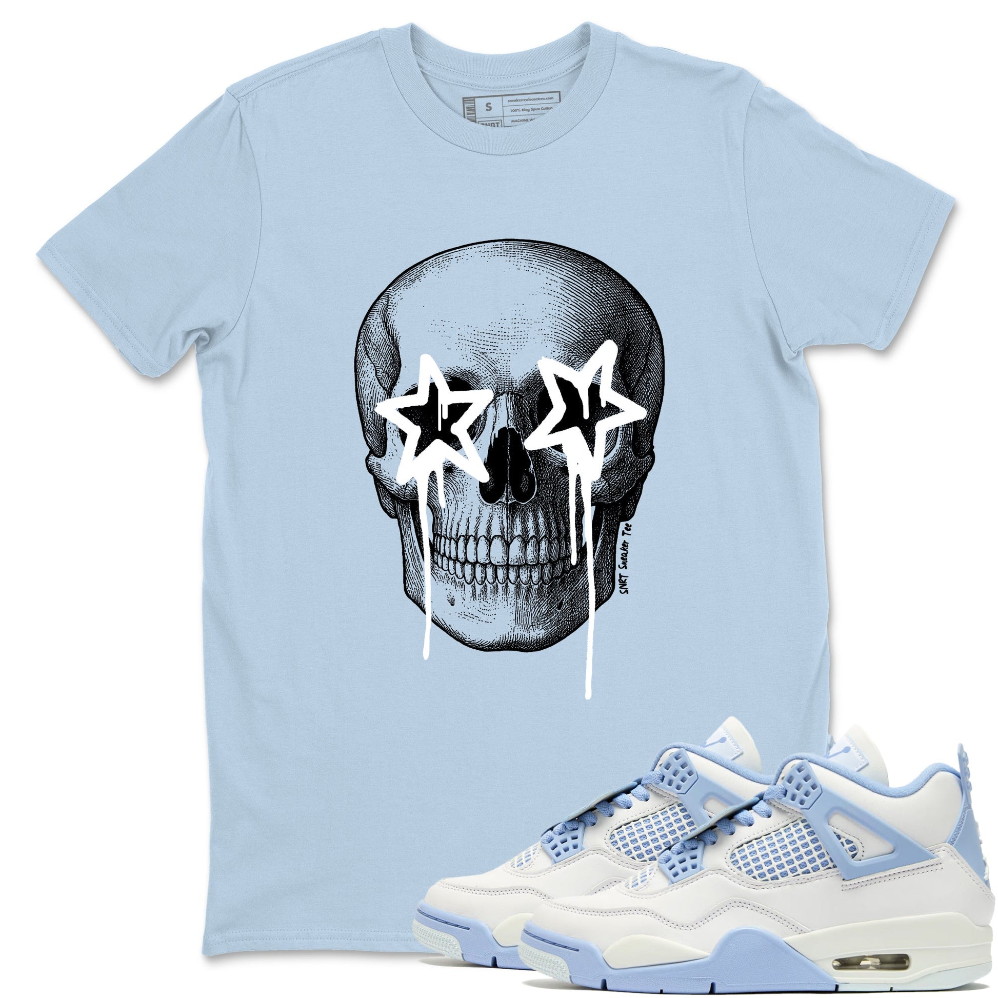 Death Star sneaker match t-shirt styled to complete your fit with the Air Jordan 4 Aluminum sneakers, shown in Light Blue 1.
