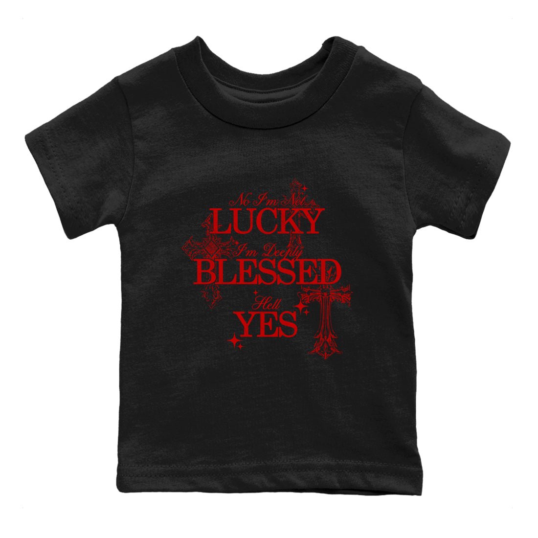 Deeply Blessed baby and kids t-shirt crafted for little sneakerheads to shine with the Air Foamposite Cough Drop sneakers, displayed in Black 2.
