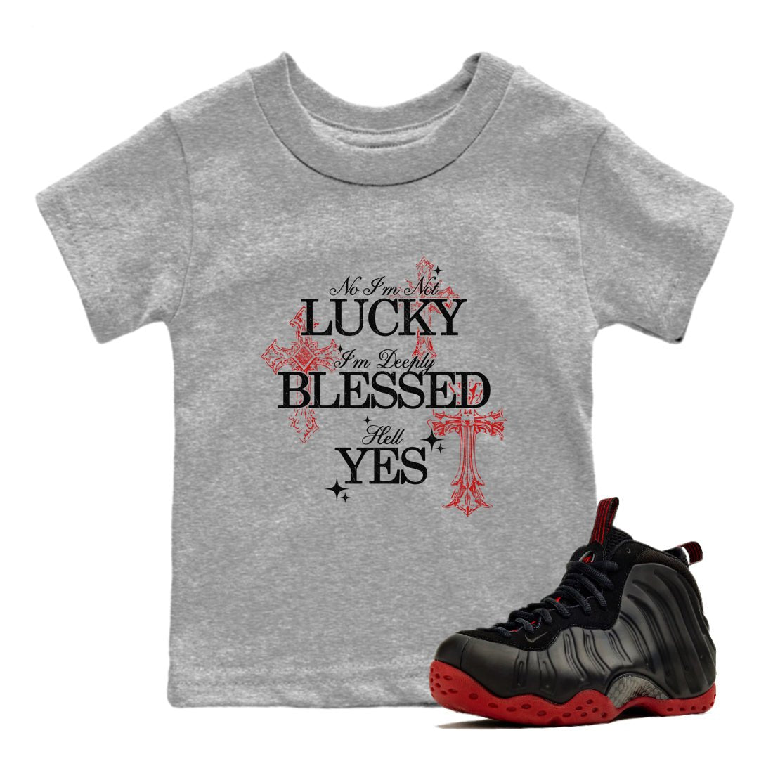 Deeply Blessed baby and kids t-shirt crafted for little sneakerheads to shine with the Air Foamposite Cough Drop sneakers, displayed in Heather Grey 1.