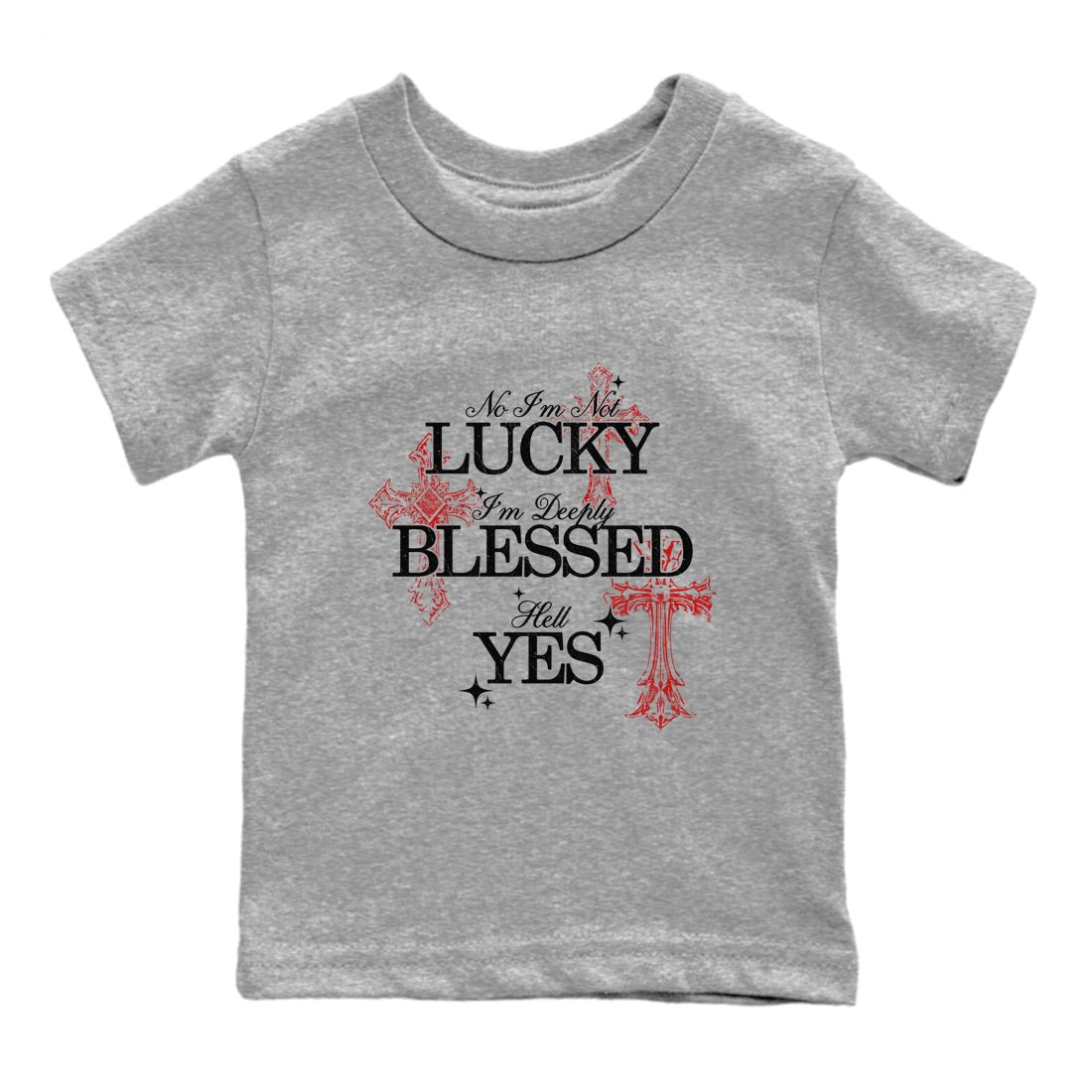 Deeply Blessed baby and kids t-shirt crafted for little sneakerheads to shine with the Air Foamposite Cough Drop sneakers, displayed in Heather Grey 2.