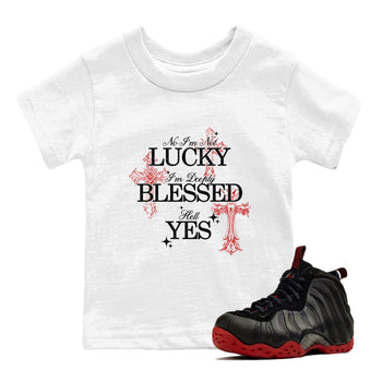 Deeply Blessed baby and kids t-shirt crafted for little sneakerheads to shine with the Air Foamposite Cough Drop sneakers, displayed in White 1.