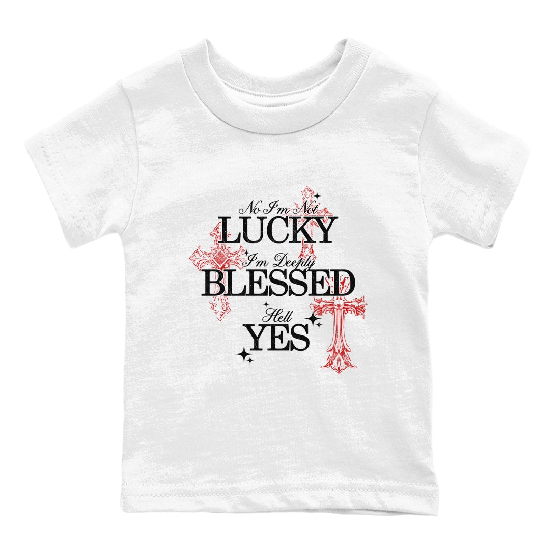 Deeply Blessed baby and kids t-shirt crafted for little sneakerheads to shine with the Air Foamposite Cough Drop sneakers, displayed in White 2.