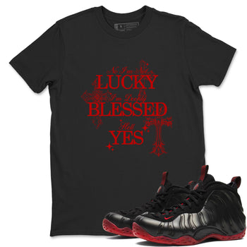 Deeply Blessed sneaker match t-shirt styled to complete your fit with the Air Foamposite Cough Drop sneakers, shown in Black 1.