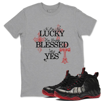 Deeply Blessed sneaker match t-shirt styled to complete your fit with the Air Foamposite Cough Drop sneakers, shown in Heather Grey 1.