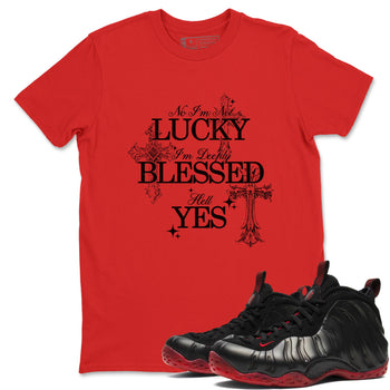 Deeply Blessed sneaker match t-shirt styled to complete your fit with the Air Foamposite Cough Drop sneakers, shown in Red 1.