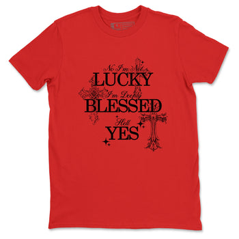 Deeply Blessed sneaker match t-shirt styled to complete your fit with the Air Foamposite Cough Drop sneakers, shown in Red 2.