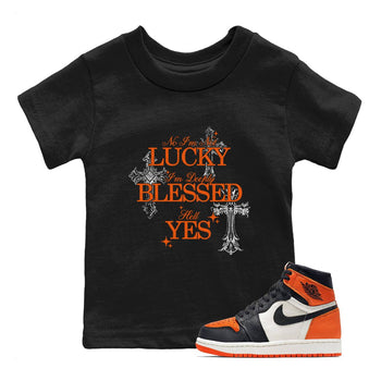 Deeply Blessed baby and kids t-shirt crafted for little sneakerheads to shine with the Air Jordan 1 Shattered Backboard sneakers, displayed in Black 1.