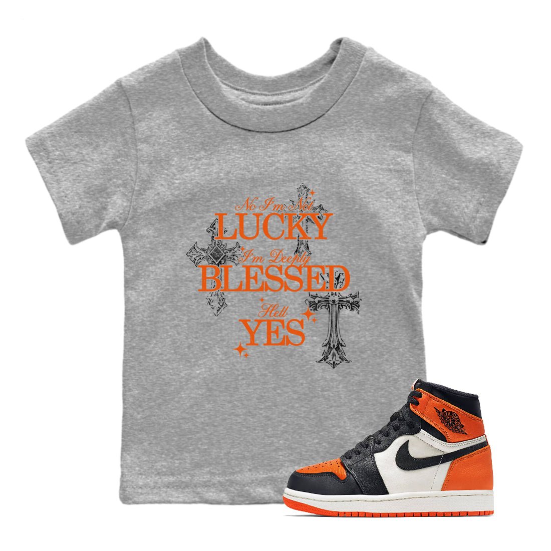 Deeply Blessed baby and kids t-shirt crafted for little sneakerheads to shine with the Air Jordan 1 Shattered Backboard sneakers, displayed in Heather Grey 1.