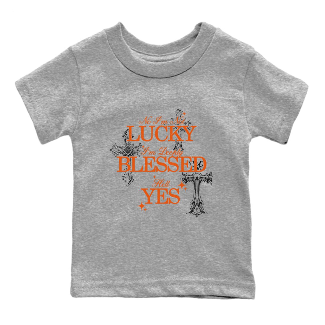Deeply Blessed baby and kids t-shirt crafted for little sneakerheads to shine with the Air Jordan 1 Shattered Backboard sneakers, displayed in Heather Grey 2.