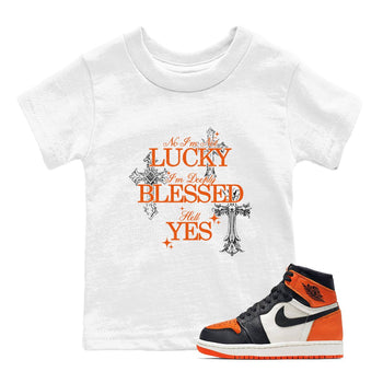 Deeply Blessed baby and kids t-shirt crafted for little sneakerheads to shine with the Air Jordan 1 Shattered Backboard sneakers, displayed in White 1.