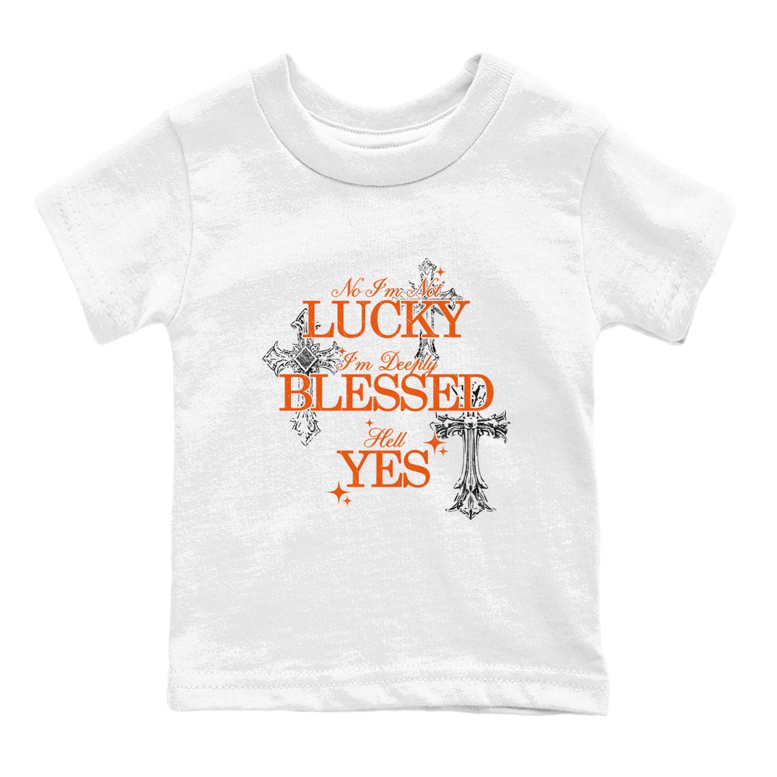 Deeply Blessed baby and kids t-shirt crafted for little sneakerheads to shine with the Air Jordan 1 Shattered Backboard sneakers, displayed in White 2.
