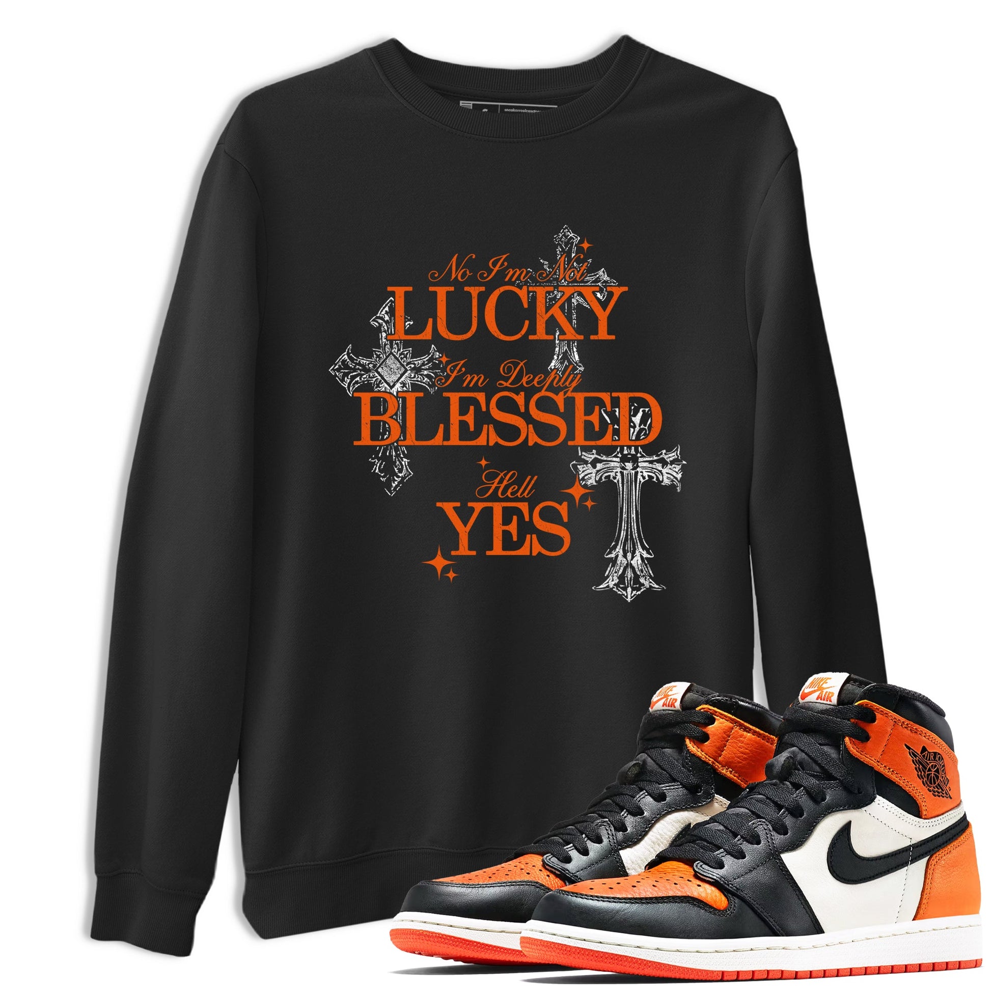 Deeply Blessed sneaker match t-shirt styled to complete your fit with the Air Jordan 1 Shattered Backboard sneakers, shown in Black 1.