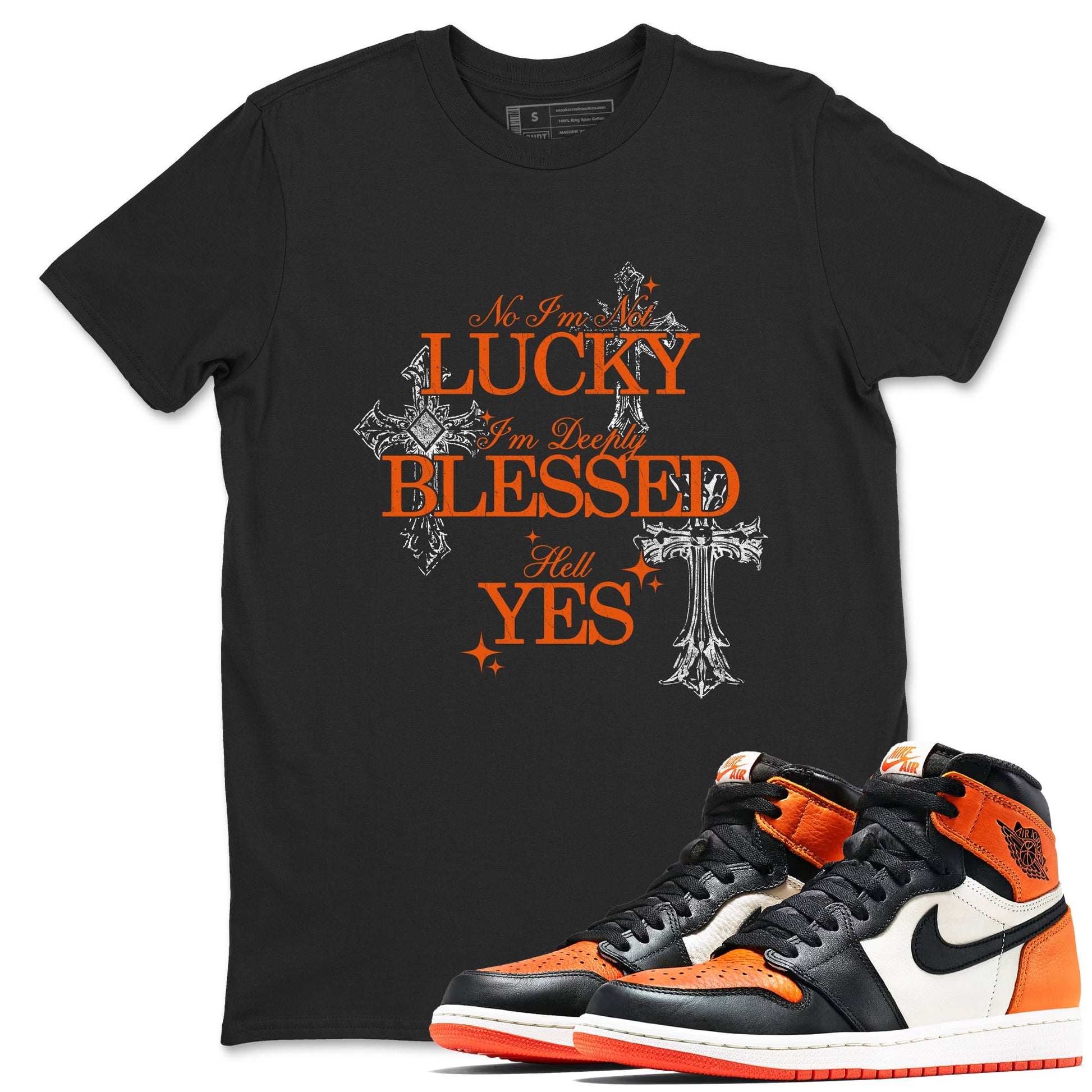 Deeply Blessed sneaker match t-shirt styled to complete your fit with the Air Jordan 1 Shattered Backboard sneakers, shown in Black 1.